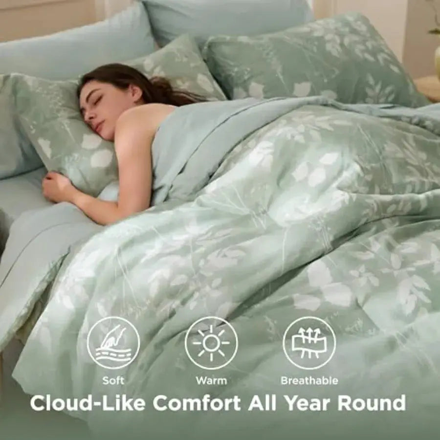 Comforter Set - 7 Pieces Floral Sage Green GentleSoft™ Bedding Sets Bed in a Bag with Botanical Flowers Winter Comforter Sheets from PriceLows™