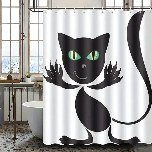 Funny Black Cat Shower Curtain, Cartoon Animal Bathroom Decor, Playful Kitten Waterproof Polyester Fabric Bath Screen from PriceLows™