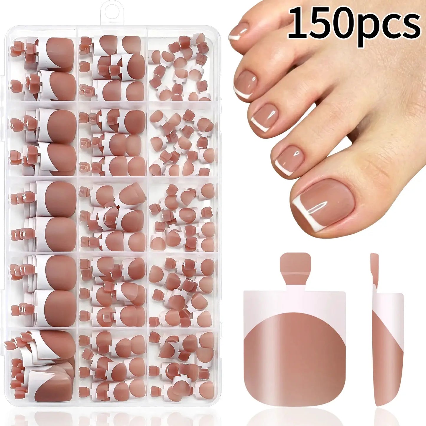Press On Toenails | Short Square Shape | French White Tips | 150 Pcs Set