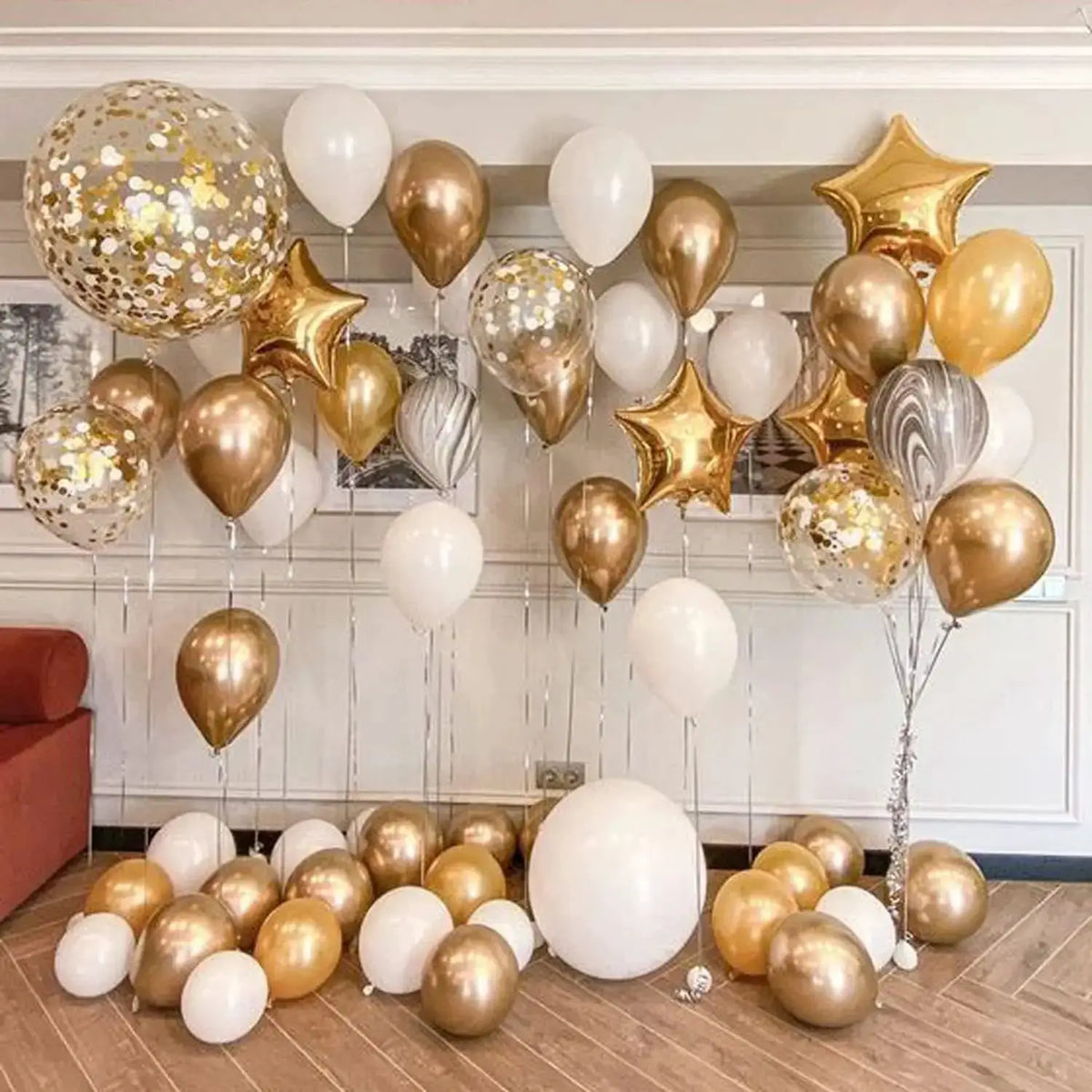 Latex Round Balloons | White And Gold Color | 12 Inch Size | 50 Pack Set