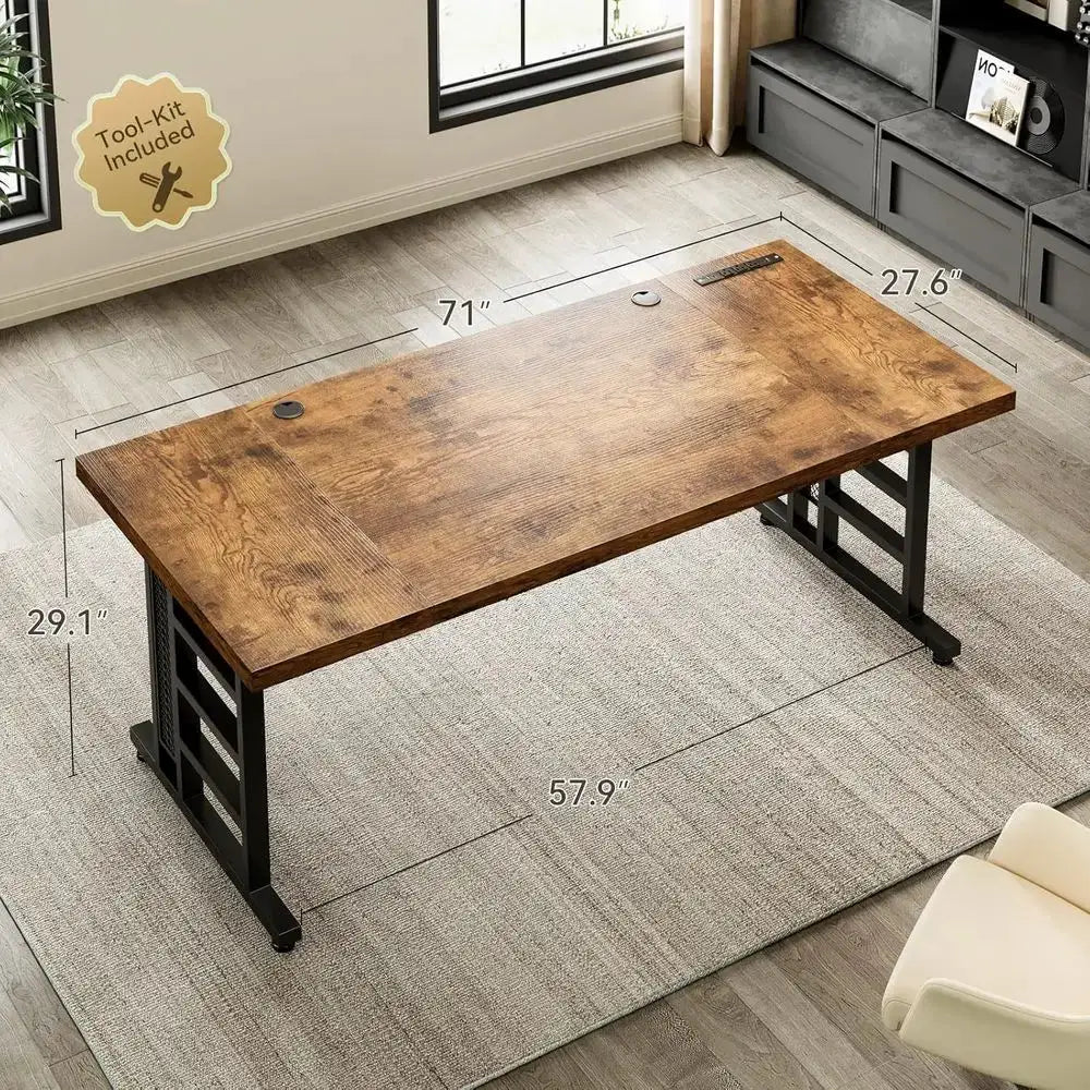 71 Large Modern Office Desk with USB Ports, Thick Vintage Style Home Business Workstation from PriceLows™