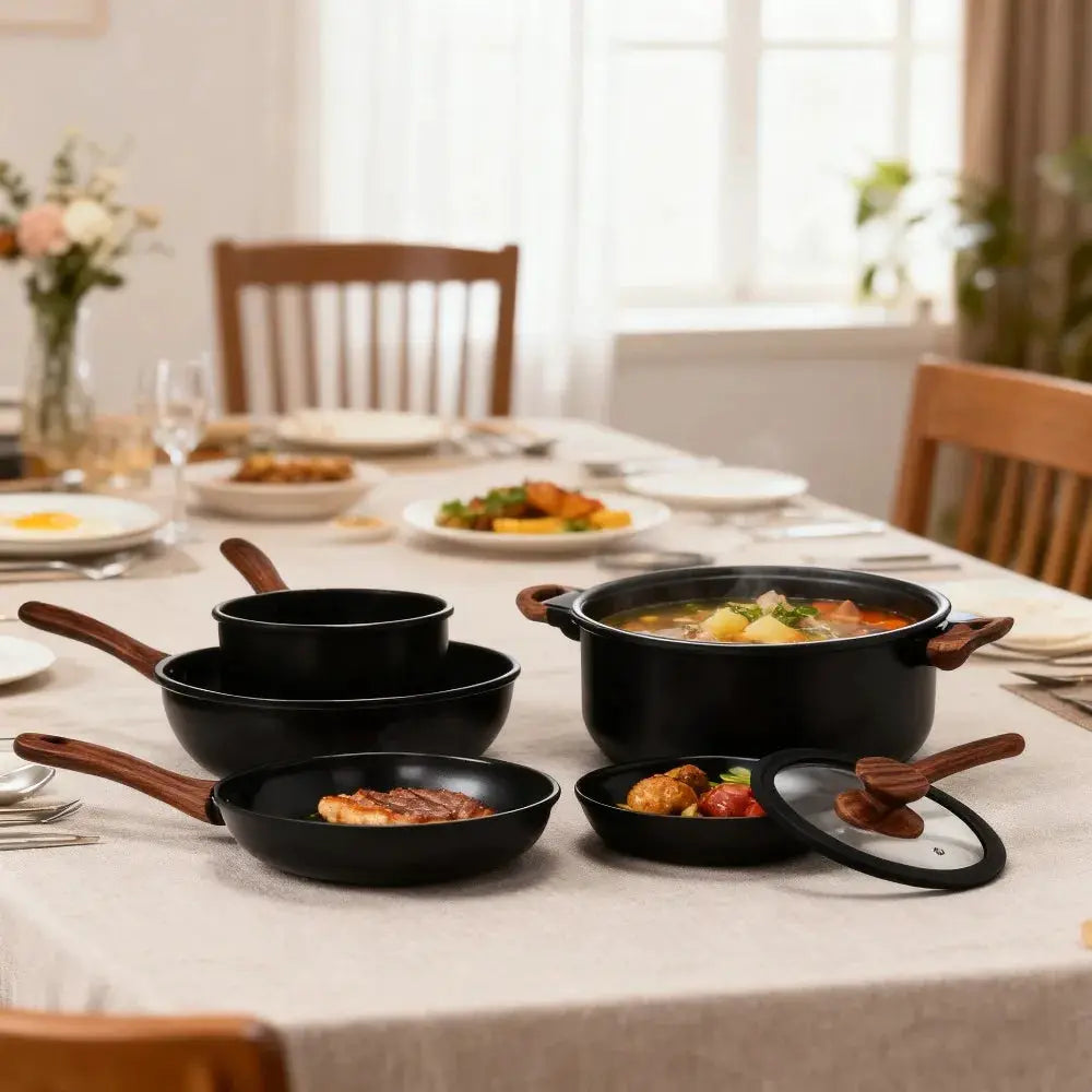Woodgrain Handle Ceramic Cookware Set, 20pcs Nonstick Pots & Pans, Stackable Kitchen Set for Induction Hob, Complete Cooking Solution in Black from PriceLows™
