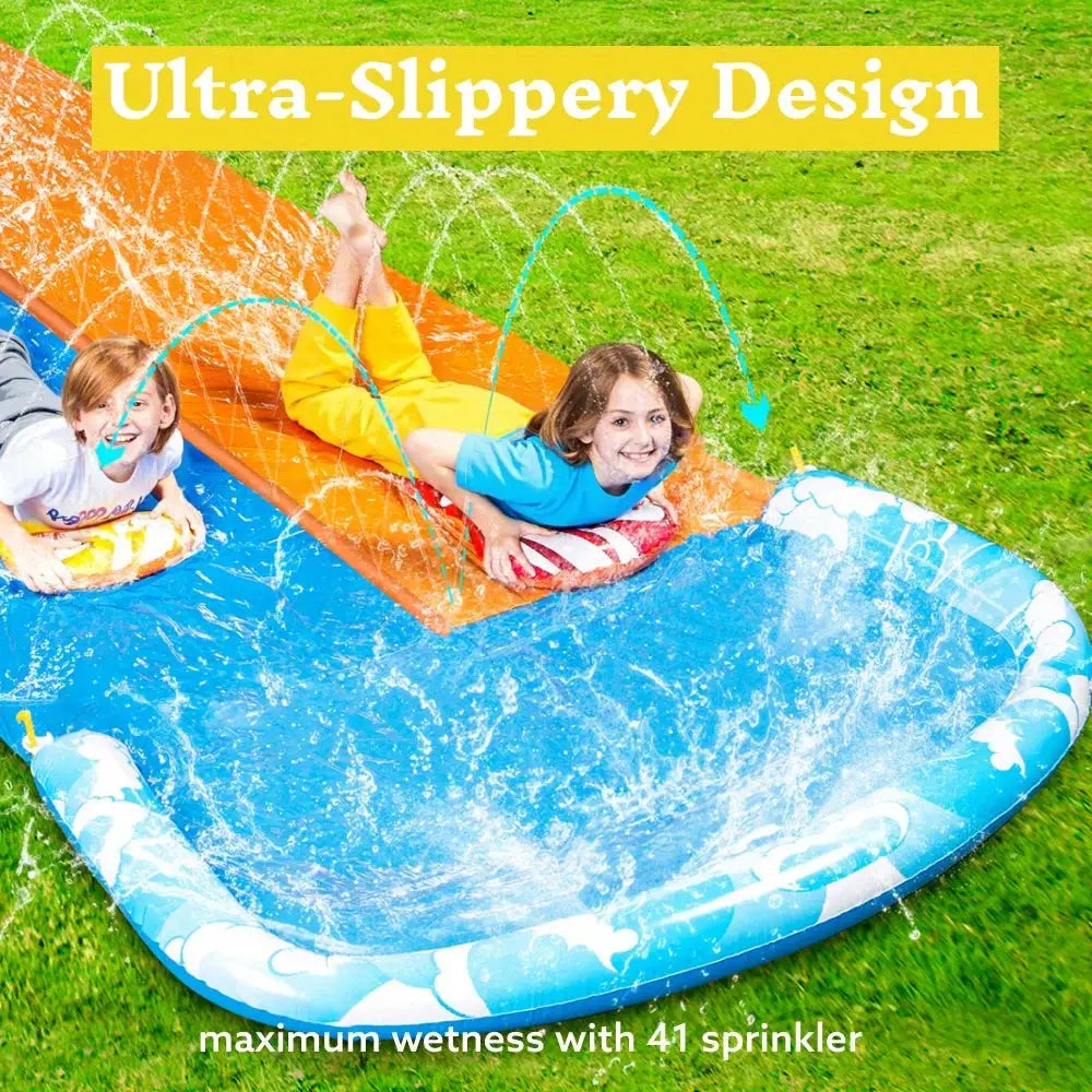 Inflatable Water Slide | 32.5ft Length | Dual Racing Lanes | 2 Boards Included
