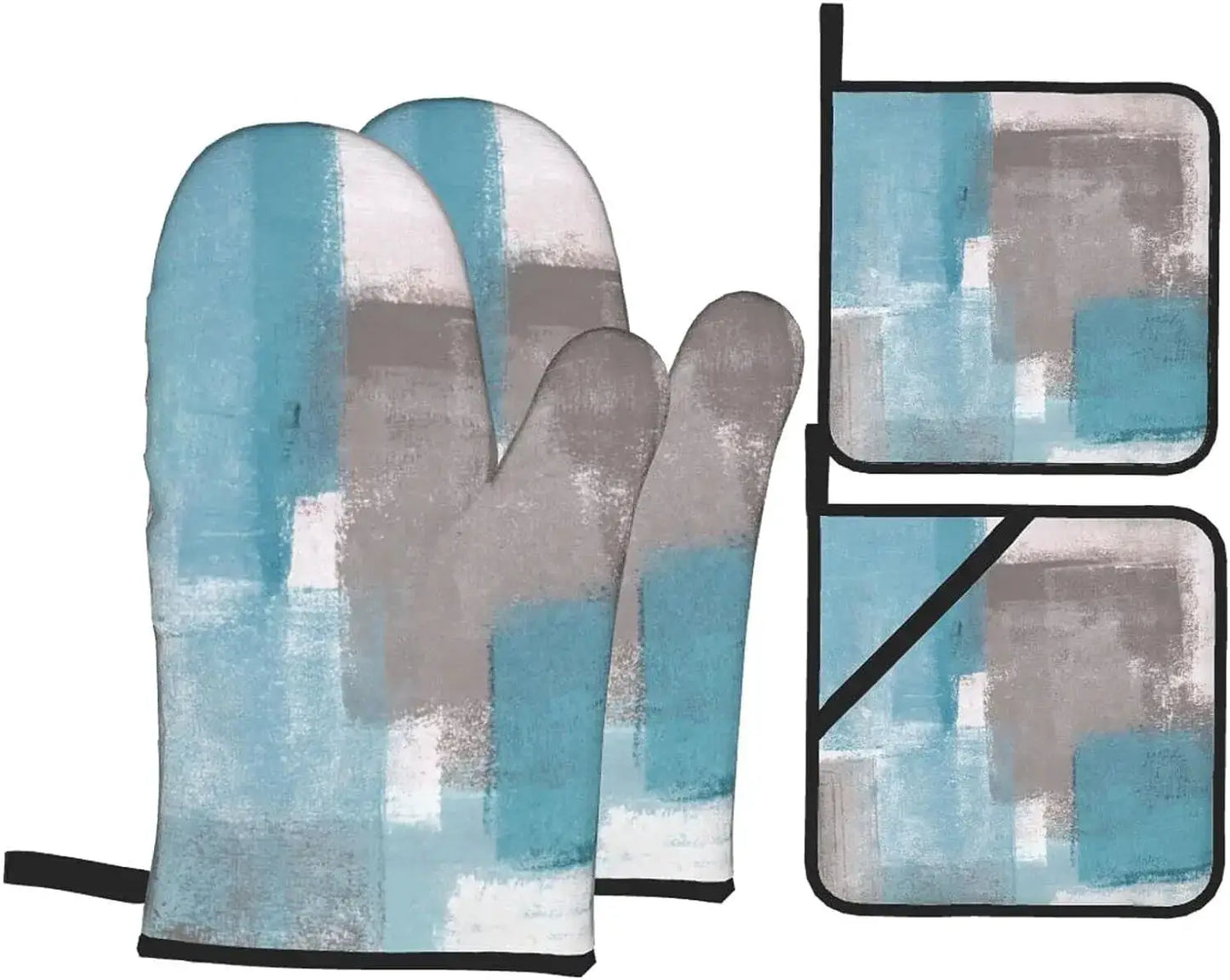 Oven Mitts Set | Abstract Art Blue Grey | Polyester Heat Resistant | 4-Piece Set