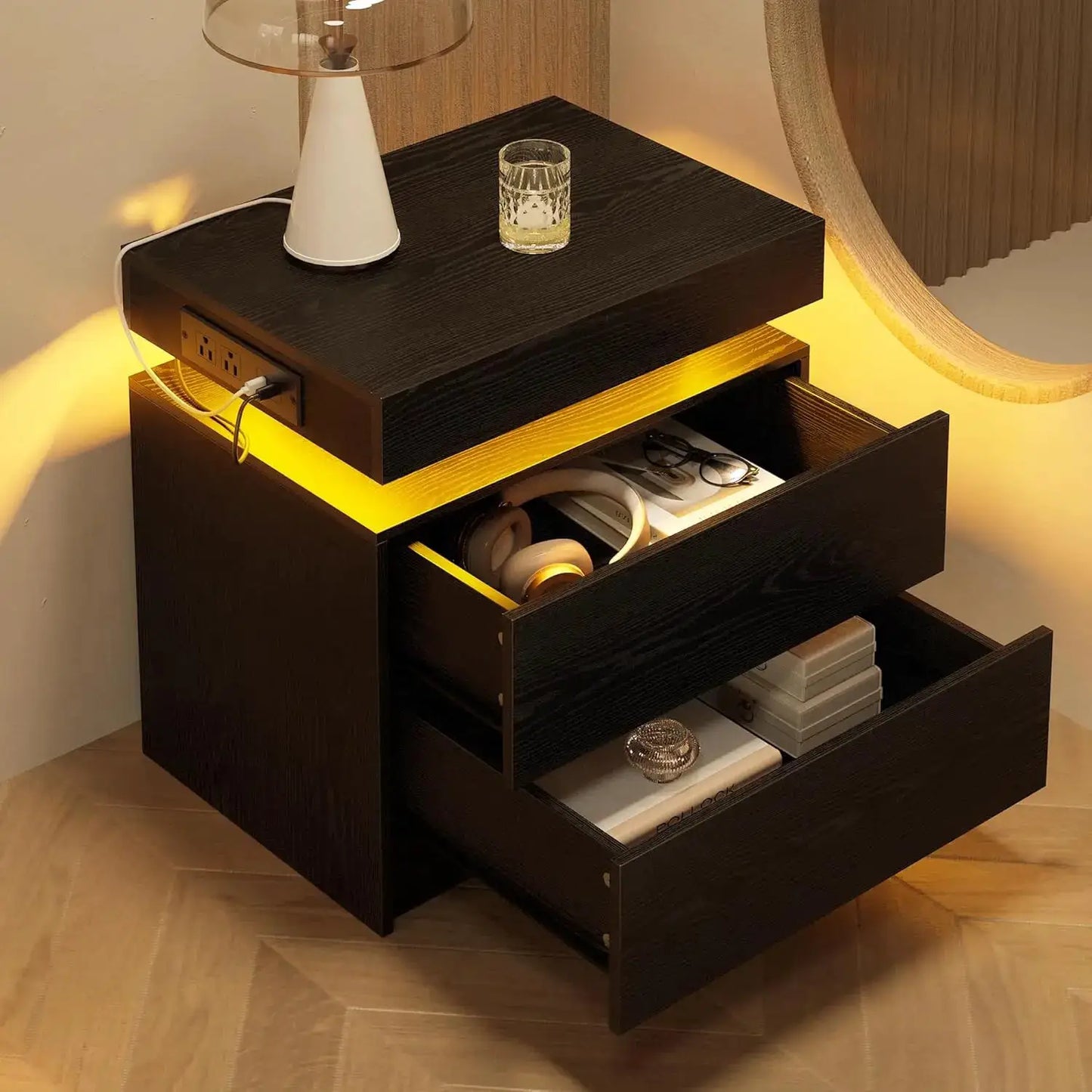 Modern Nightstand Set of 2 with Charging Station & LED Light, Bedside Tables for Bedroom from PriceLows™