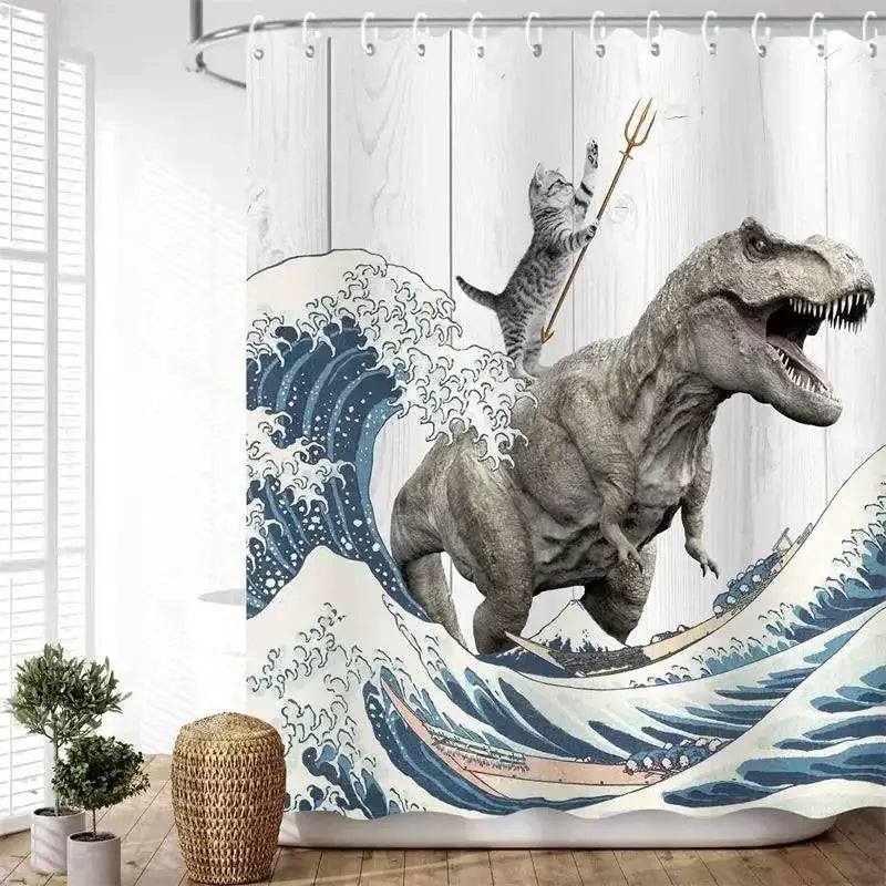 Funny Cat Riding Dinosaur Shower Curtains Cute Animal Sea Waves Surfboard Creative Kids Bath Curtain Set Fabric Bathroom Decor from PriceLows™