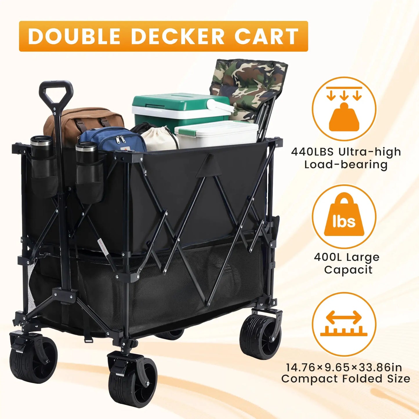 JHK Outdoor Double Decker Wagons Cart 440 lbs Large Capacity Collapsible Foldable Garden Beach Cart for Grocery Garden Camping from PriceLows™