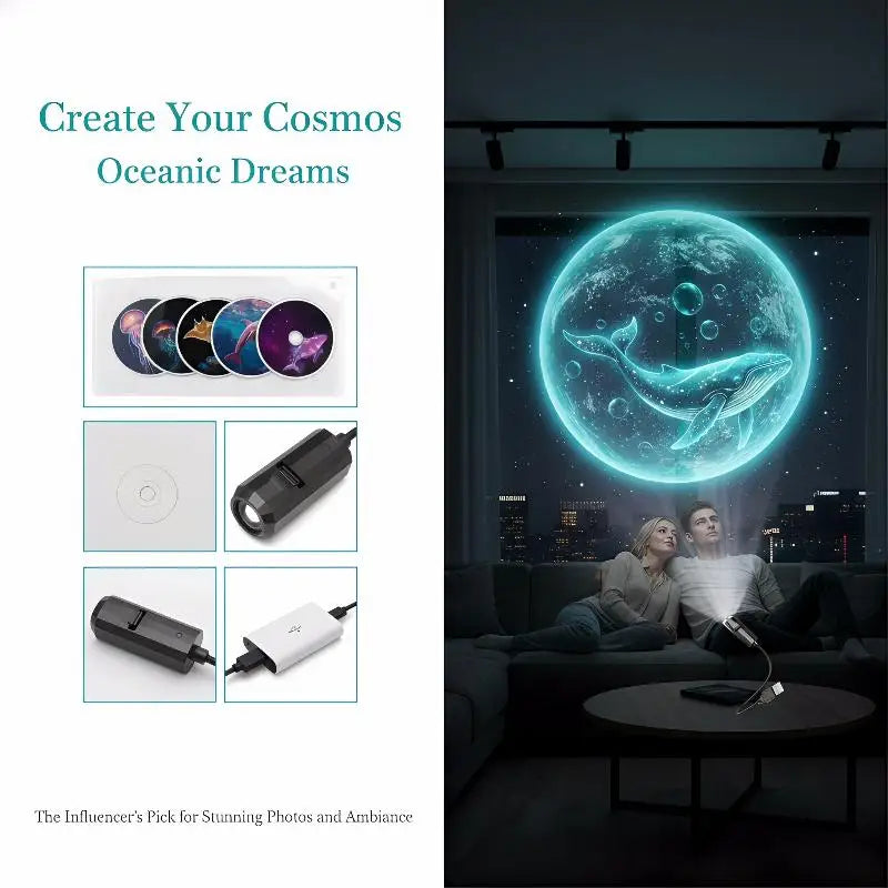 USB Ocean Projector Lamp | 8 Marine Life Panels | Ceiling Night Light | One Size