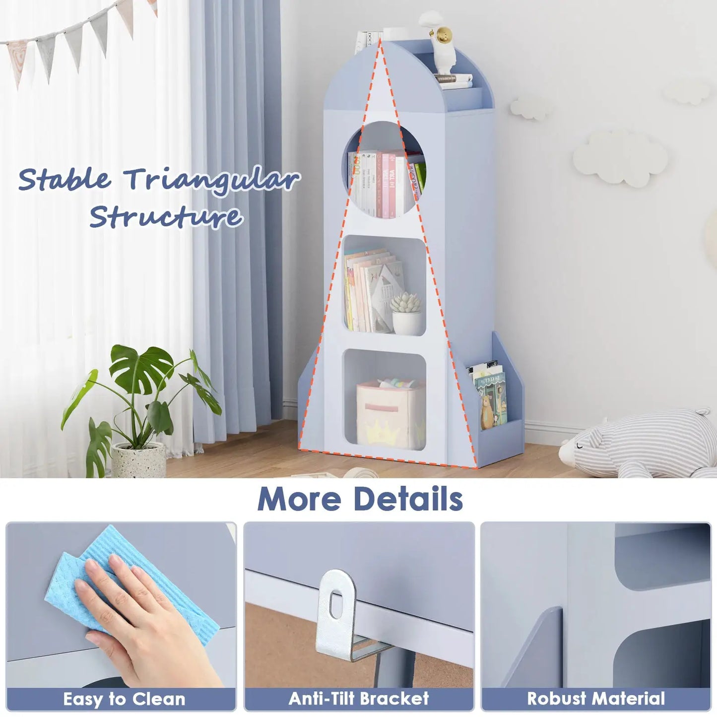 3-Tier Rocket Baby Book Shelf Side shelves, Wood Open Toddler Bookcase, Kids Bookshelf & Toy Storage, Spacious Display Organizer from PriceLows™