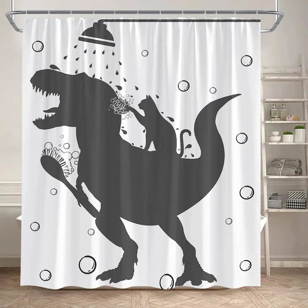 Funny Bathing Dinosaur Shower Curtains Black Cat Animal Silhouette Kids Bath Curtain Modern Polyester Bathroom Decor with Hooks from PriceLows™