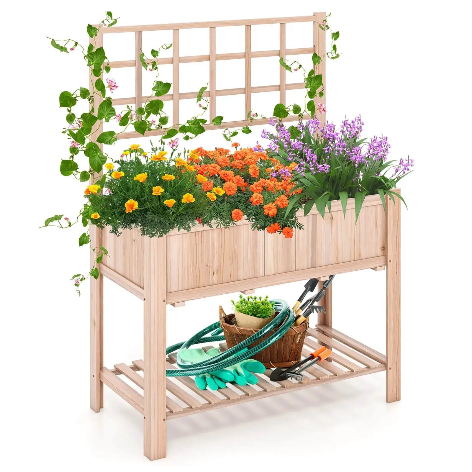 Raised Garden Bed Elevated Wooden Planter Box w/ Trellis & Open Storage Shelf from PriceLows™