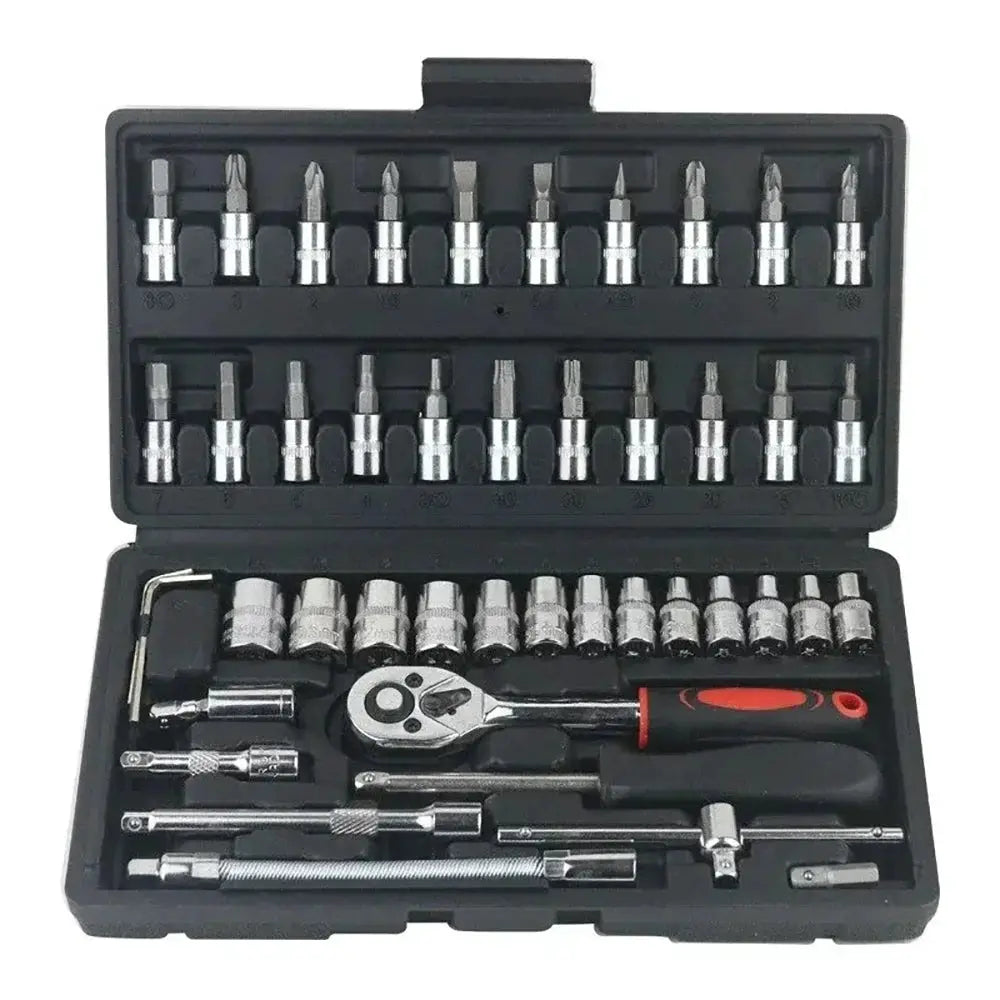 46PCS Motorcycle Toolbox Set Drive Socket Ratchet Wrench Set Complete Car Repairing Kit For Auto And Bicycle Maintenance Tools from PriceLows™
