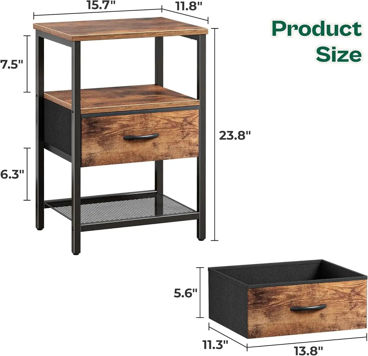 Nightstand Set of 2 with Fabric Drawer and Mesh Shelf, Side Table for Bedroom, Rustic Brown from PriceLows™