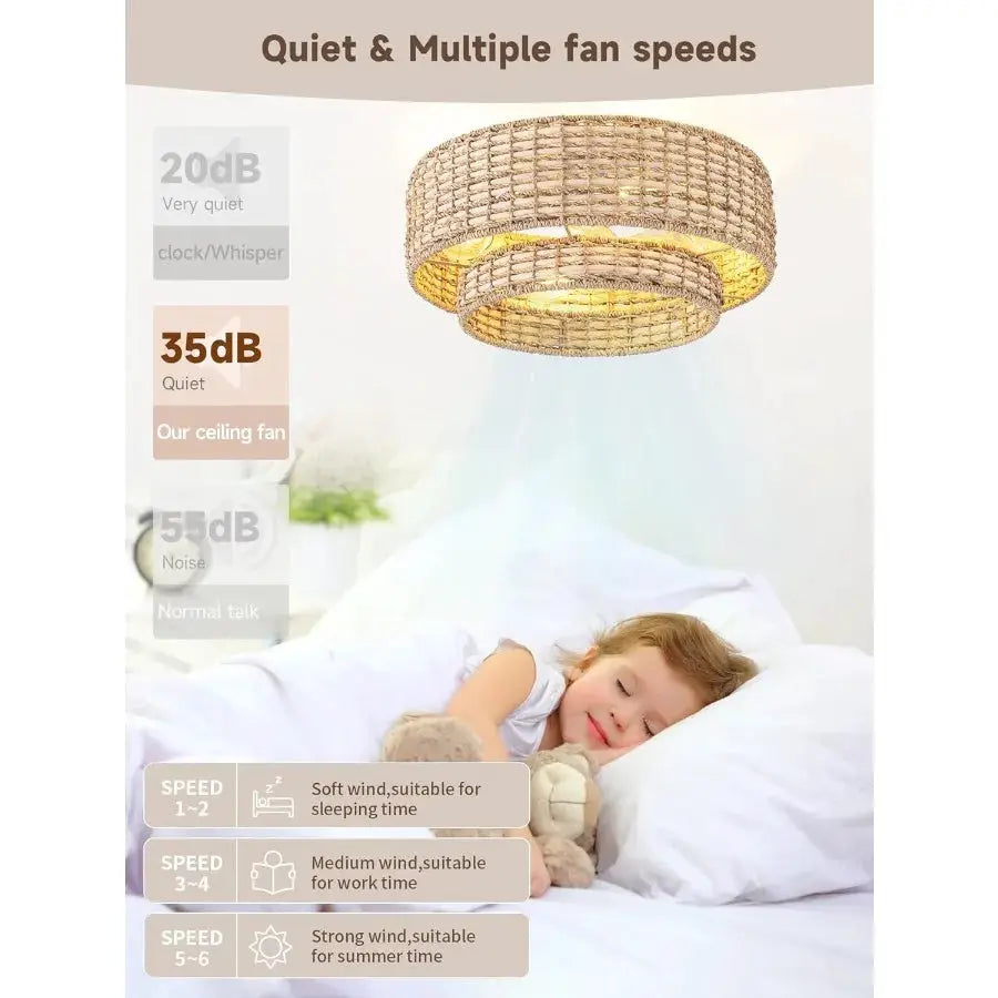 Boho Caged Ceiling Fans with Lights Flush Mount Layered Rattan Ceiling Fan with Light Remote Control with Reversible 6 Speeds f from PriceLows™