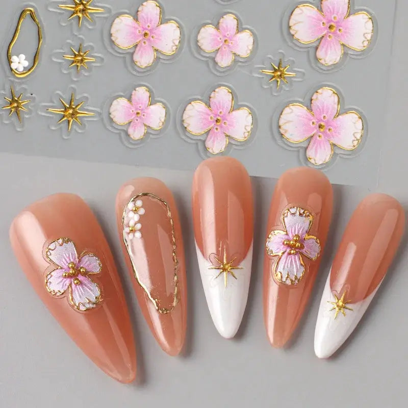 5D Floral Embossed Nail Stickers Bronzing Hibiscus Flower Petals Star Frame Elegant Nail Art Decals for Spring Summer Decor from PriceLows™