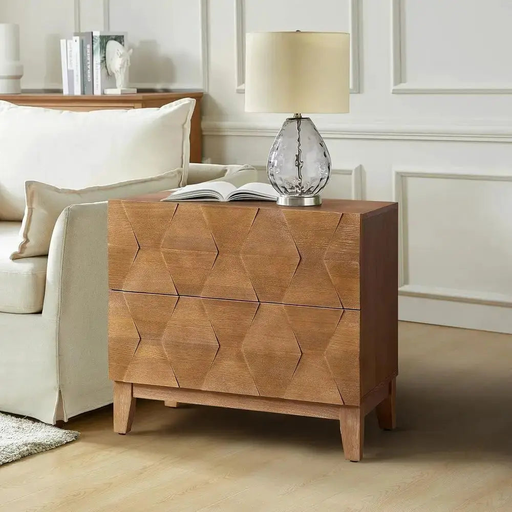 End Table with Charging Station, 2 Drawers Side Table with Solid Wood Legs from PriceLows™