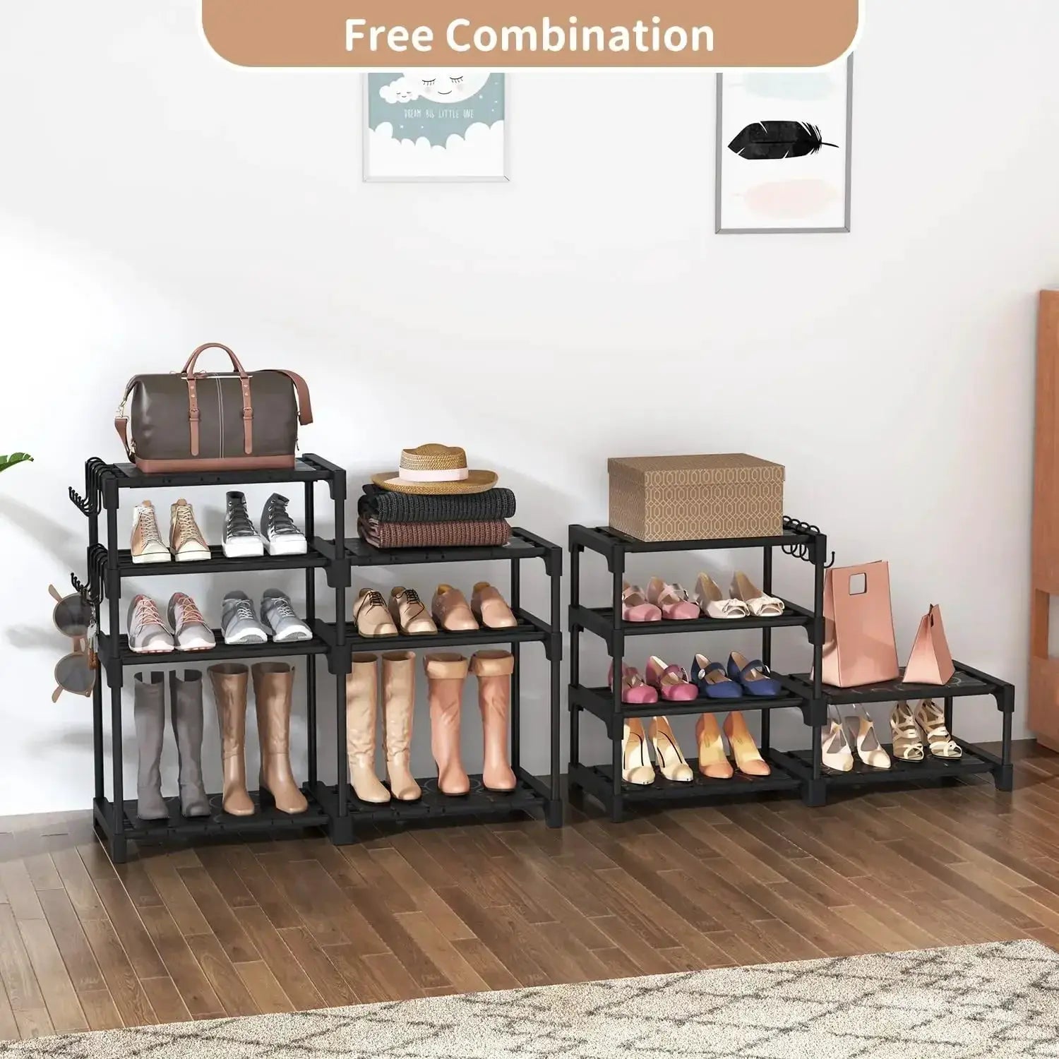 8-Tier Metal Shoe Rack Organizer, 26-32 Pairs Large Capacity Storage, Stackable Shoe Stand with 15 Hooks for Closet Entryway from PriceLows™