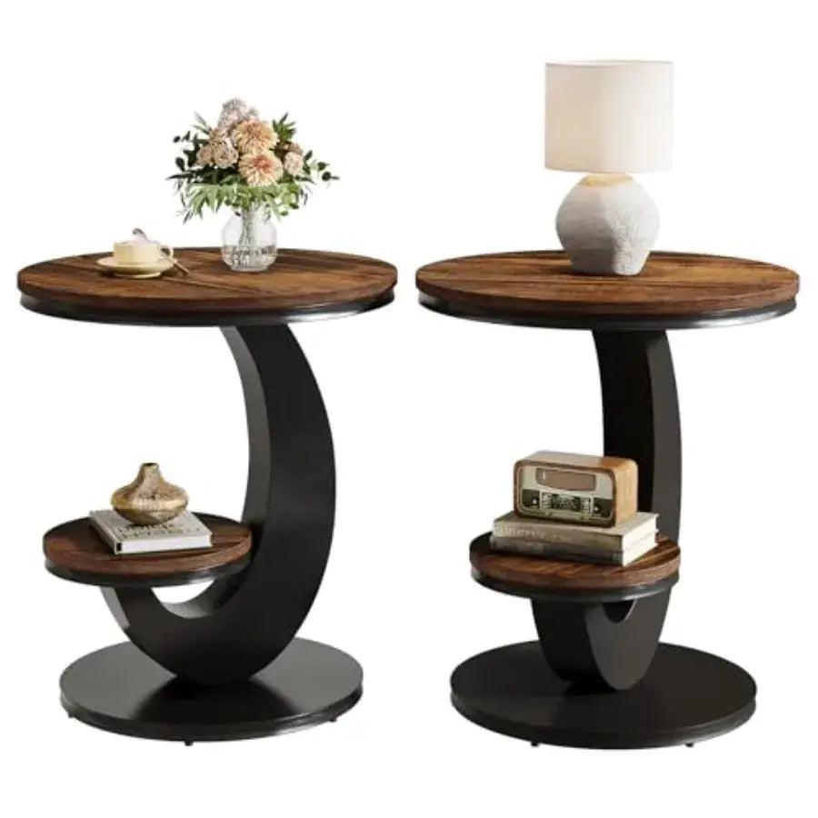 Round End Table Set of Tiers Side Table with Storage Shelf Sofa Side Bedside Nightstand with Rustic Wood and Metal Arc-Shaped F from PriceLows™