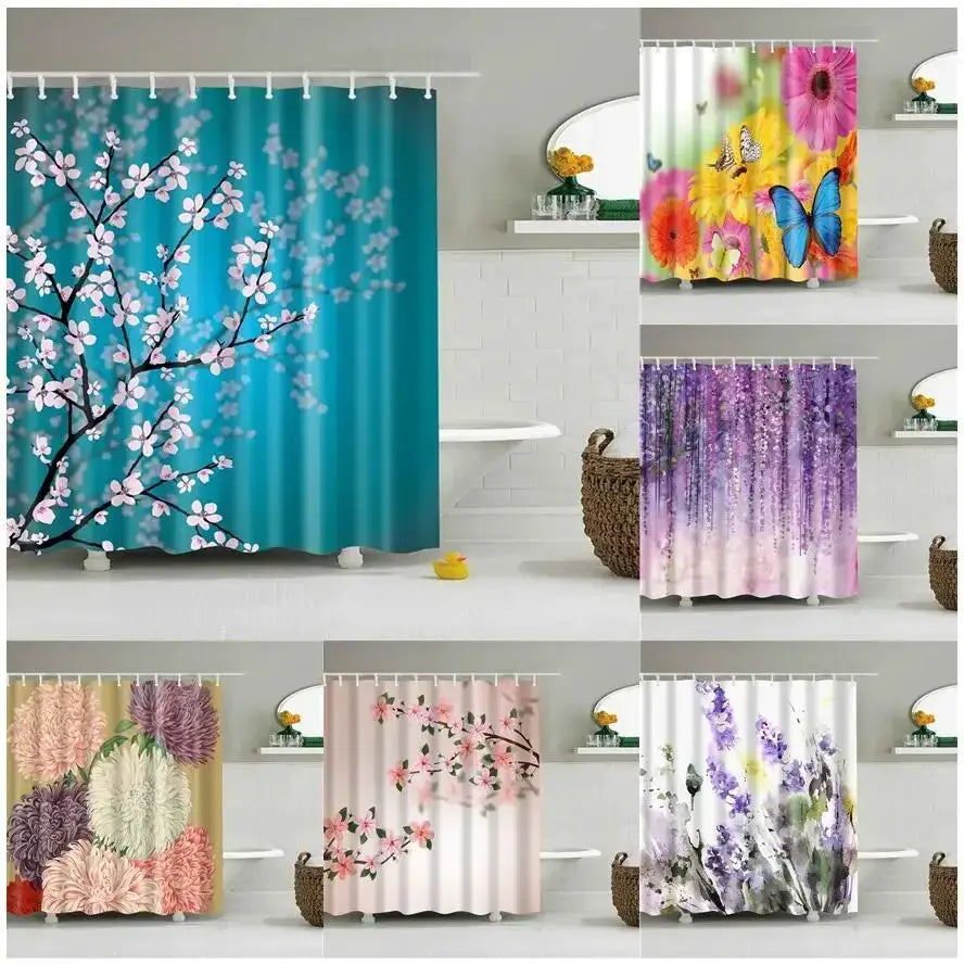 3D Flower Plum Blossom Lotus Lavender Rose Shower Curtains Bathroom Curtain Frabic Waterproof Polyester Bath Curtain with Hooks from PriceLows™