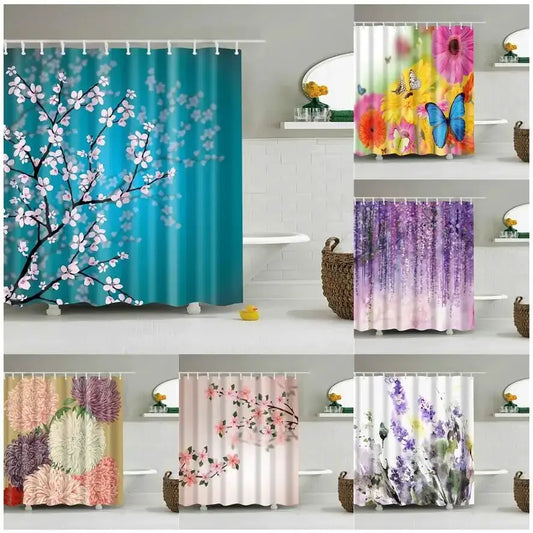 3D Flower Plum Blossom Lotus Lavender Rose Shower Curtains Bathroom Curtain Frabic Waterproof Polyester Bath Curtain with Hooks from PriceLows™