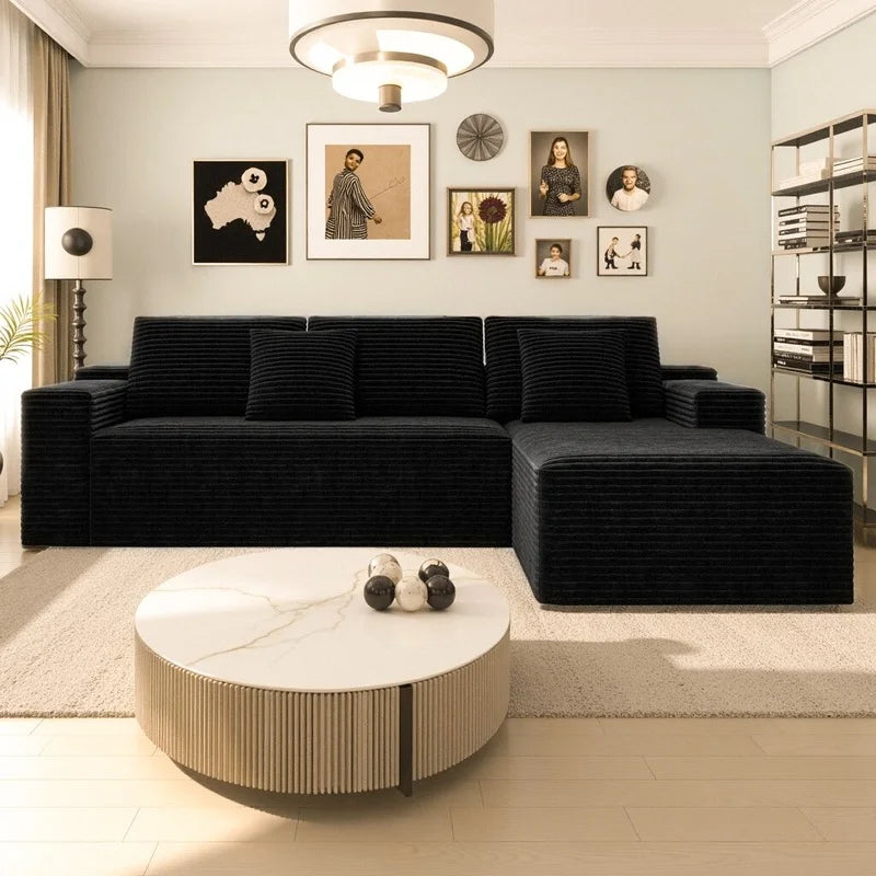 Modular Sectional Sofa | Plush Corduroy Fabric | Black | 2-Piece Configuration