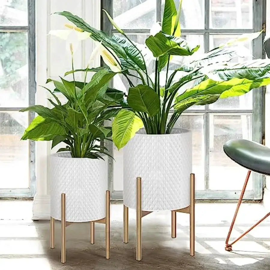 Mid Century Modern Planters Set of 2 for Indoor Plants White Metal Decorative Planters with Stands Ideal for Living Room Office from PriceLows™