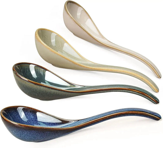 Set of 4 Ceramic Asian Soup Spoons – 6.85" Deep Bowl with Anti-Roll Base, Earth Tone Japanese/Chinese/Korean Style for Ramen from PriceLows™