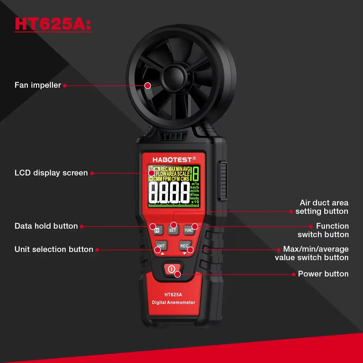 HABOTEST HT625 Anemometer Portable Wind Speed Meter Air Velocity Gauge Windmeter Digital Handheld Anemometer LCD Display from PriceLows™