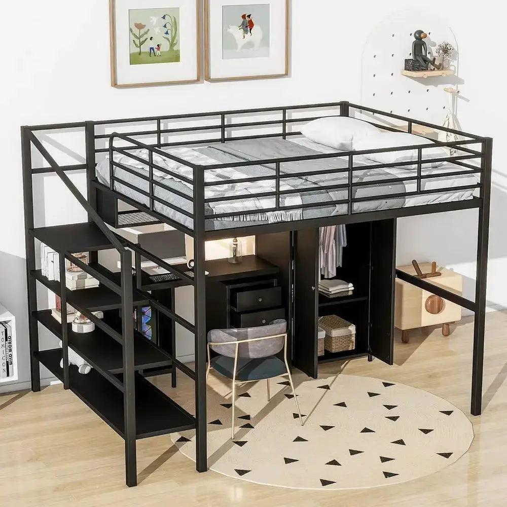 Full-Size Metal Loft Bed with Stairs, Wardrobe, Storage, Desk and Drawers Cabinet for Kids, Teens, and Adults in Black from PriceLows™