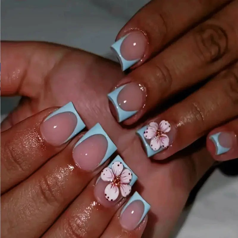 Press On Nails | Medium Square | Blush Pink Floral | 24 Pcs M Size