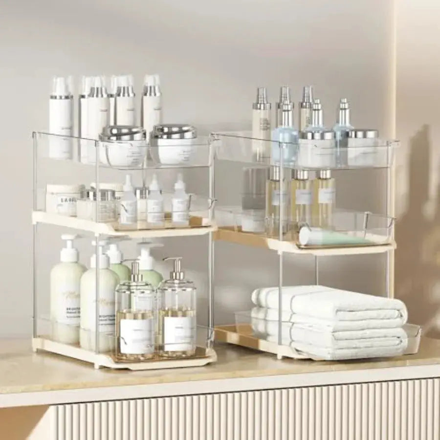 Bathroom Under Sink Organizers and Storage, Multi-Purpose Stackable Pantry Organization and Storage, Pull Out Clear Kitchen Bat from PriceLows™