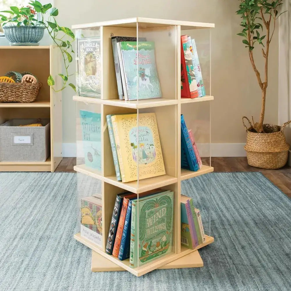 360-Degree Rotating Wooden Bookcase with Acrylic Storage for Kids' Books and Toys from PriceLows™
