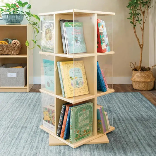 360-Degree Rotating Wooden Bookcase with Acrylic Storage for Kids' Books and Toys from PriceLows™