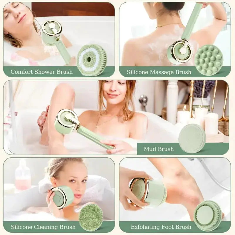 Electric Bath Back Scrubber | Long Handle | IPX7 Waterproof | 5 Brush Heads