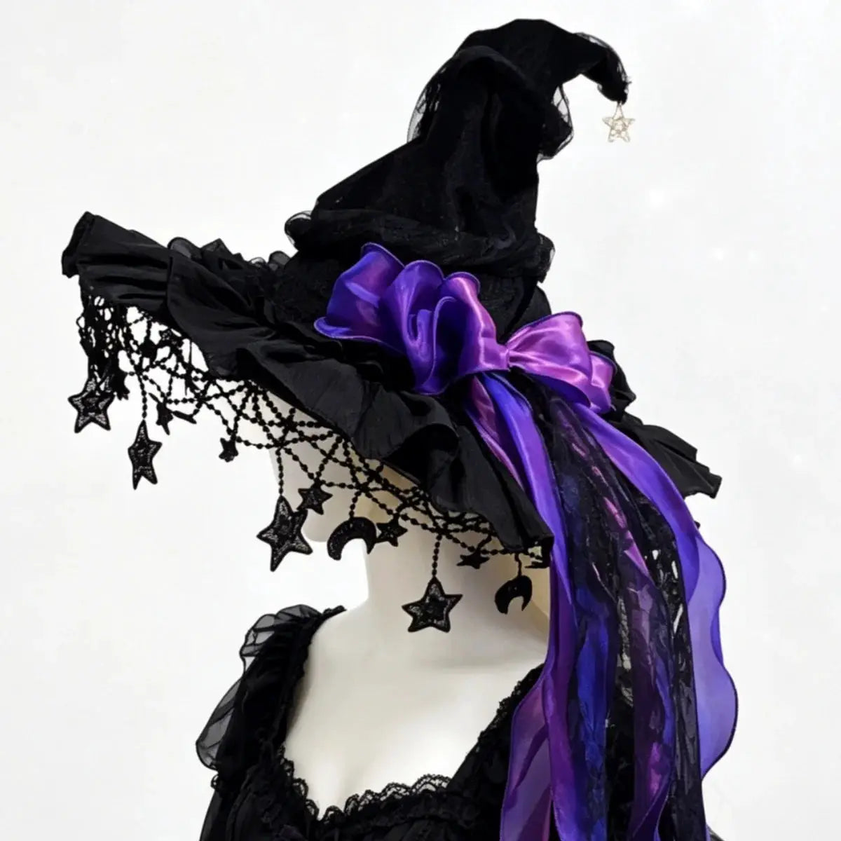 Witch Hat | Lace Trim | Velvet Material | Moon Pendant