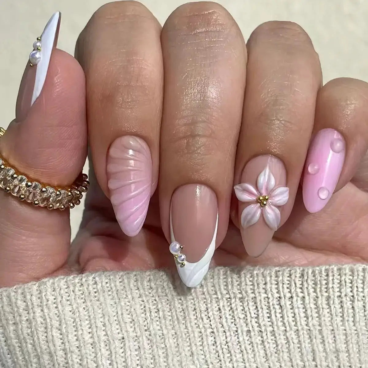 Almond Press On Nails | Acrylic Finish | Pearl Flower Design | 24 Piece Set