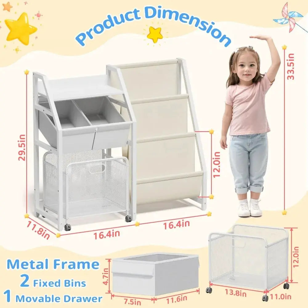 3-Tier Bookshelf with Toy Storage Bins and Drawer, White from PriceLows™