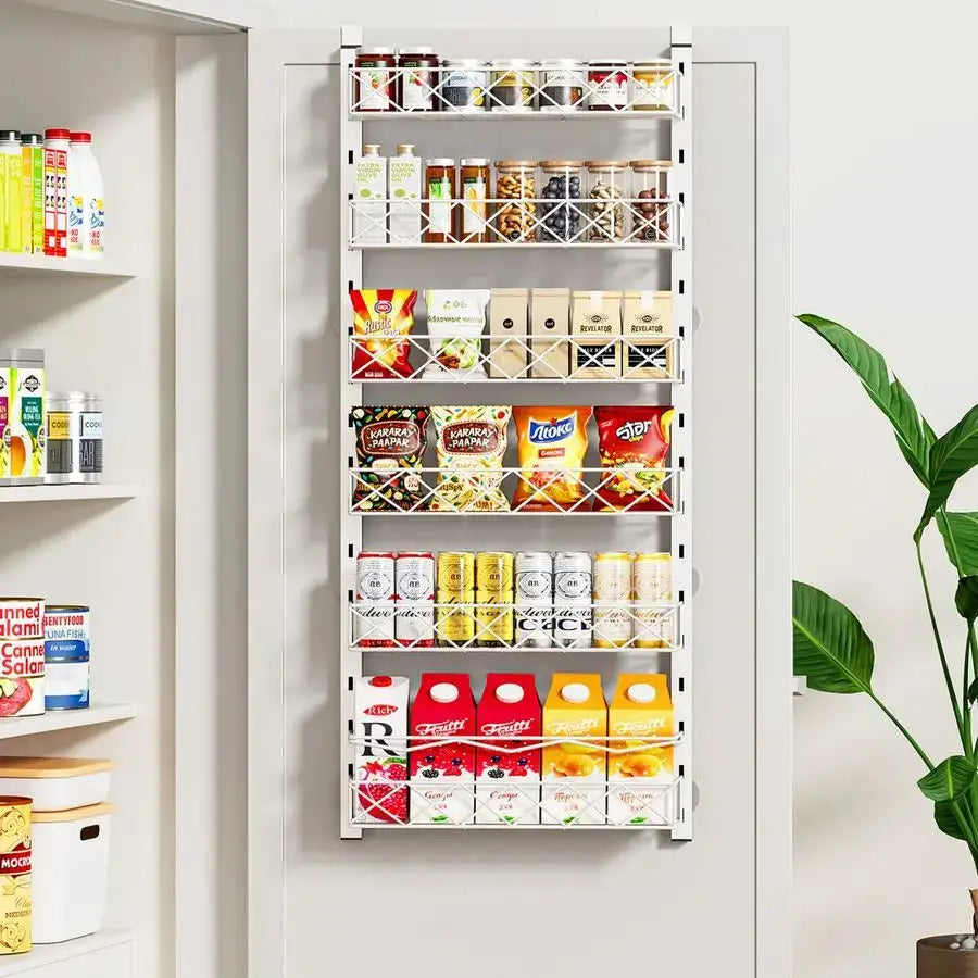 Over the Door Organizer, White 6Tier Pantry Door Organizer with Adjustable Basket, Hanging Spice Rack Cabinet Door Shelves, Laun from PriceLows™