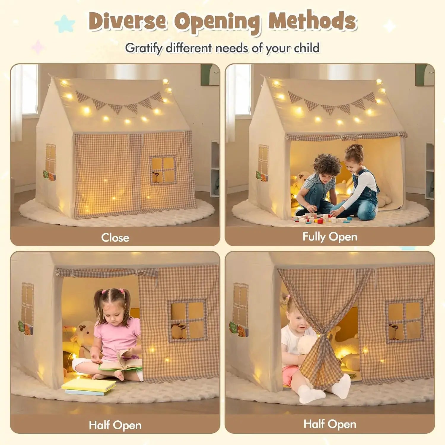 Kids Play Tent w/Padded Mat, Star Lights, Flags, Windows & Storage Pocket, Indoor Outdoor Playhouse for Toddlers, 49" x 39.5" x from PriceLows™