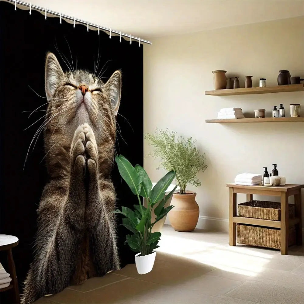 Funny Cat Shower Curtain, Praying Tabby Cat Print, Humorous Animal Bathroom Decor, Novelty Polyester Bath Curtain with Hooks from PriceLows™