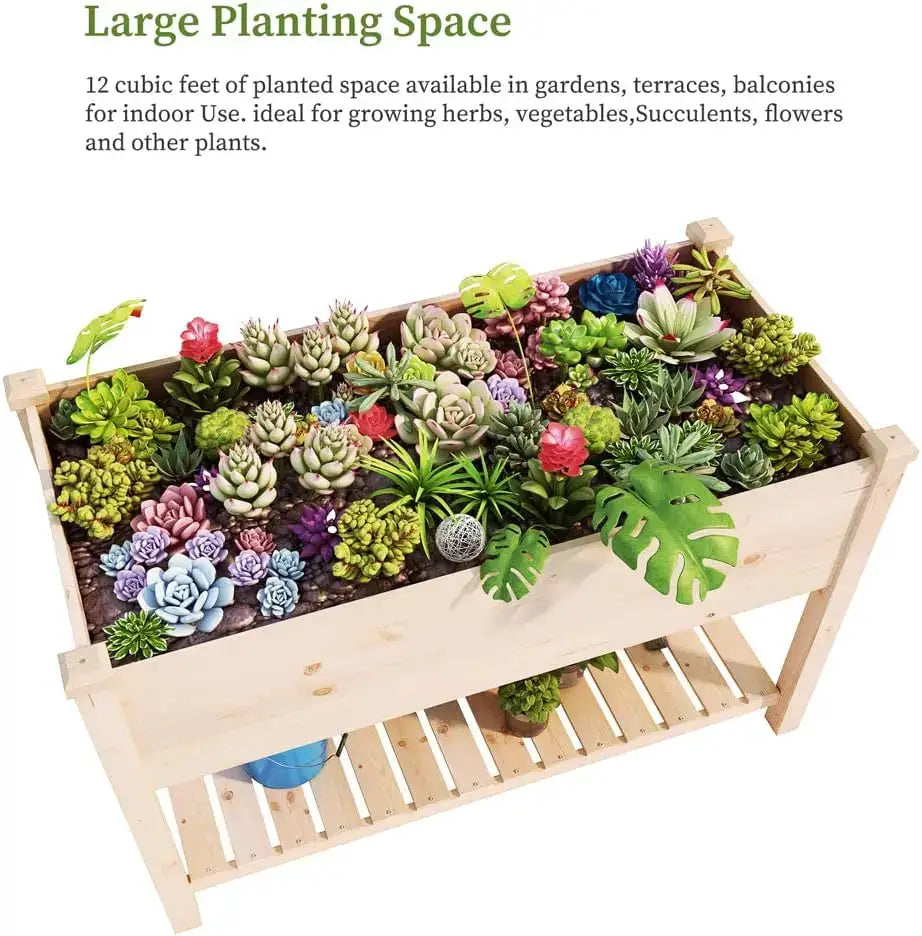 Outdoor Wood Raised Garden Bed, Elevated Large Planter Box with Storage Shelf for Vegetable Flower Backyard Patio Gardening from PriceLows™