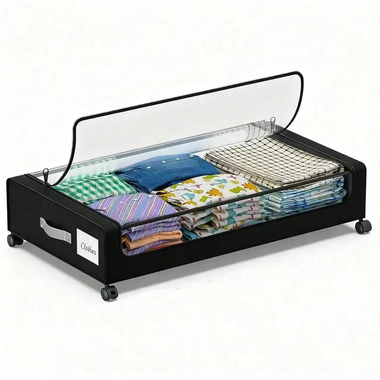 Under Bed Storage | Rolling Wheels | Black Fabric Clear Zip Lid | 2 Pack