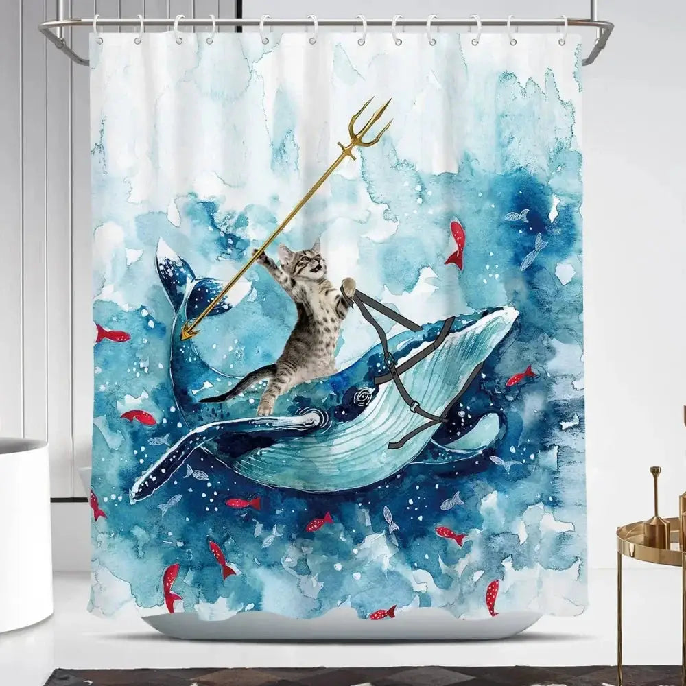 Funny Cat Shower Curtain Cool Cat Riding Shark Seagull On Ocean Sea Blue Waves Kids Creative Design Bathroom Curtain Polyester from PriceLows™