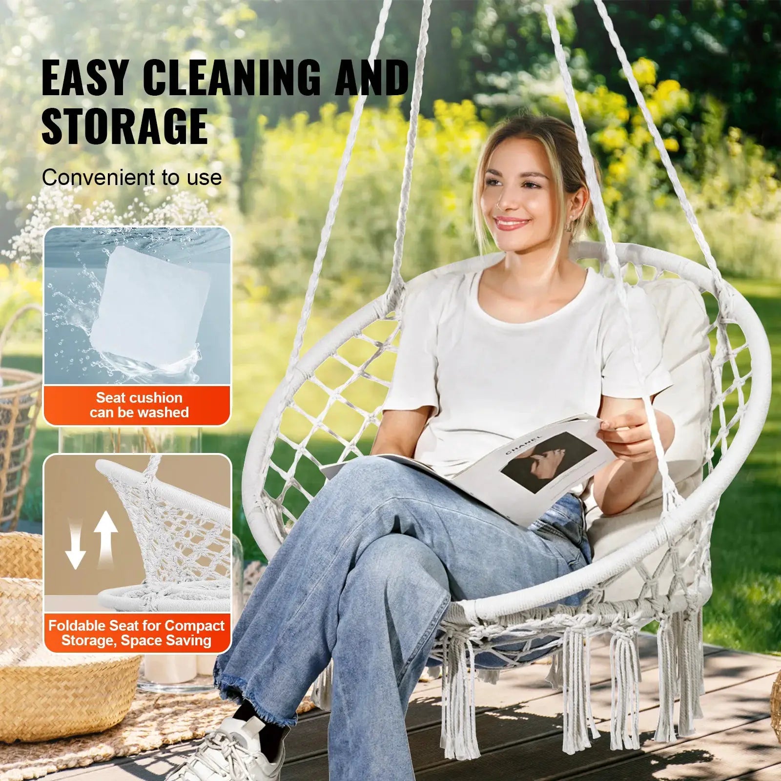 SucceBuy Hanging Hammock Swing Chair 330lbs Macramé Hanging Chair Cotton Rope Swing Chair for Bedroom Balcony Patio Garden White from PriceLows™