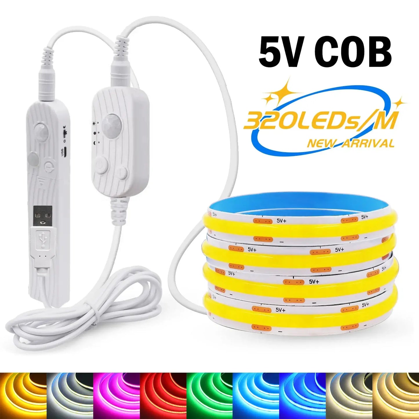 8MM COB LED Strip Light 5V 320LEDs/M Motion Sensor Dimmable Flexible LED Tape Ribbon USB/Battery Powered DIY Backlight for Room from PriceLows™