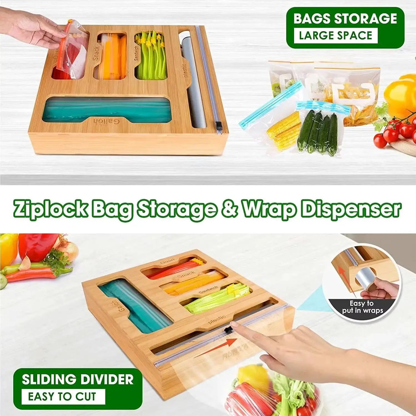Bamboo Ziplock Bag Holder | Wall Mount Rack | Cutter Dispenser