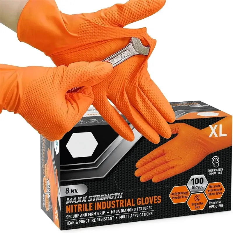 Heavy Duty Orange Nitrile Gloves 8Mil Industrial Disposable Gloves with Diamond Textured Grip for Mechanic Safety & Work Gloves from PriceLows™