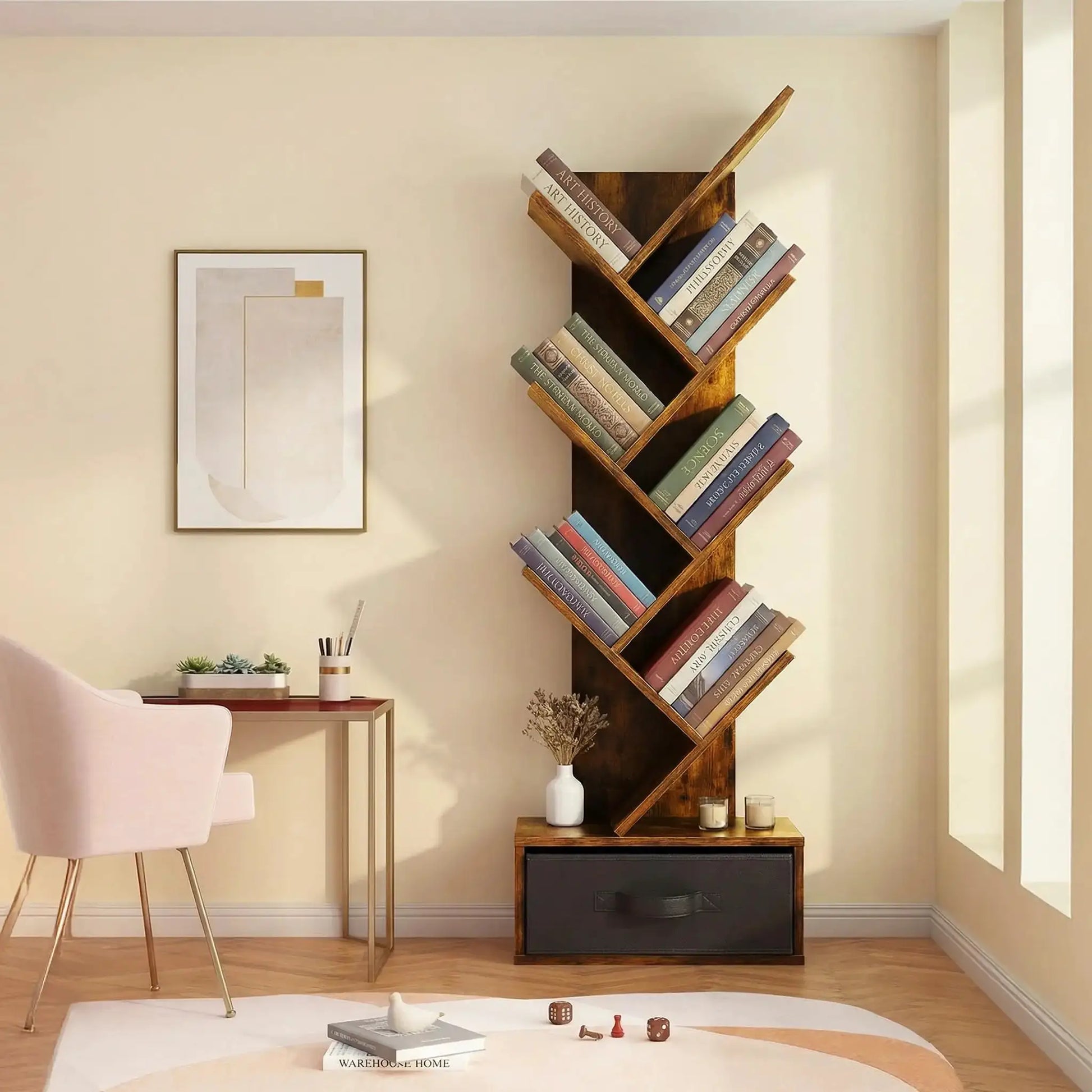 7 Tier Tree Bookshelf With Storage Drawer Floor Standing Bookcase For Books CDs Movies Brown from PriceLows™