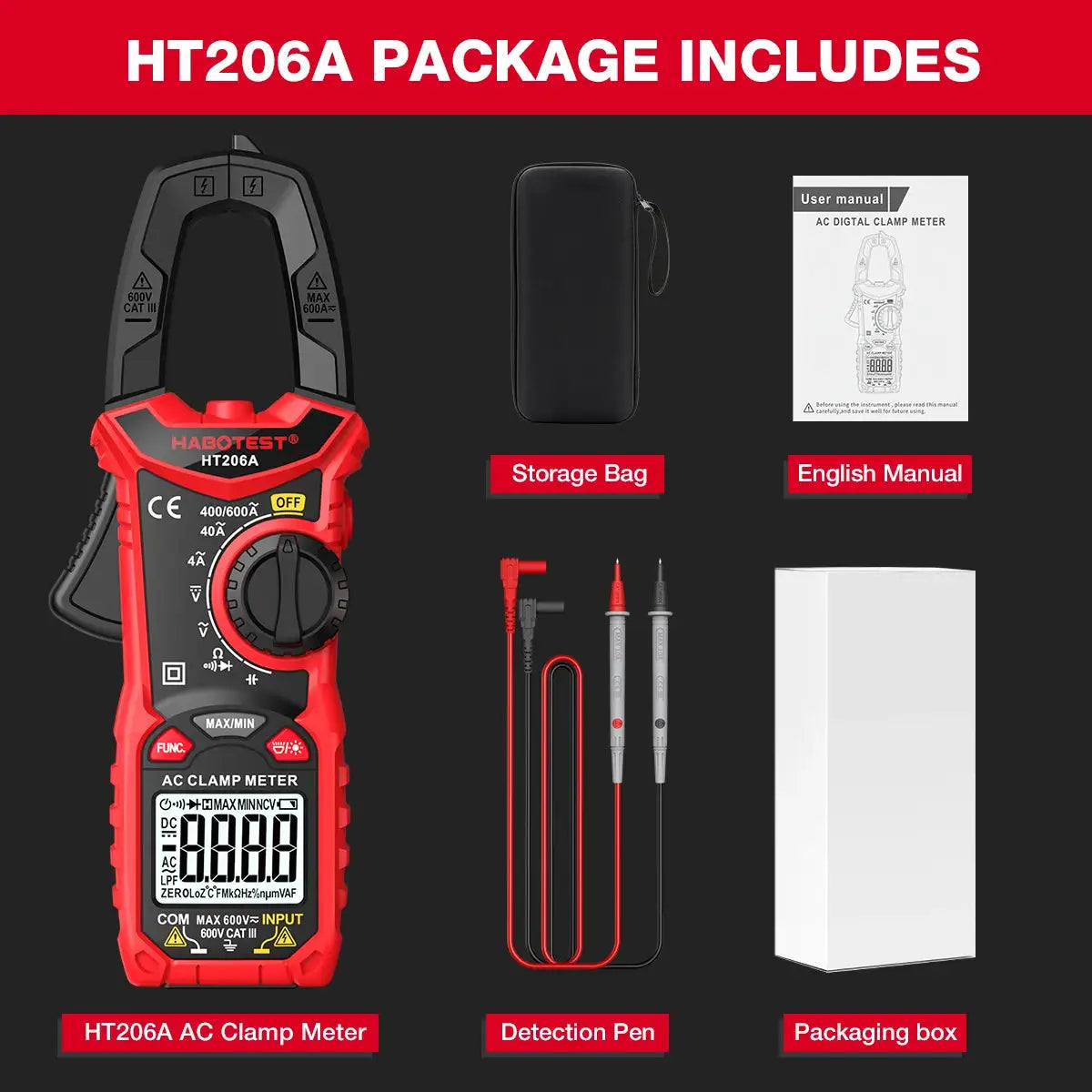 HABOTEST HT206 Clamp Meter DC/AC Current 600A Digital Clamp Meter Ammeter Voltage Tester Amp Hz Capacitance NCV Ohm Test from PriceLows™
