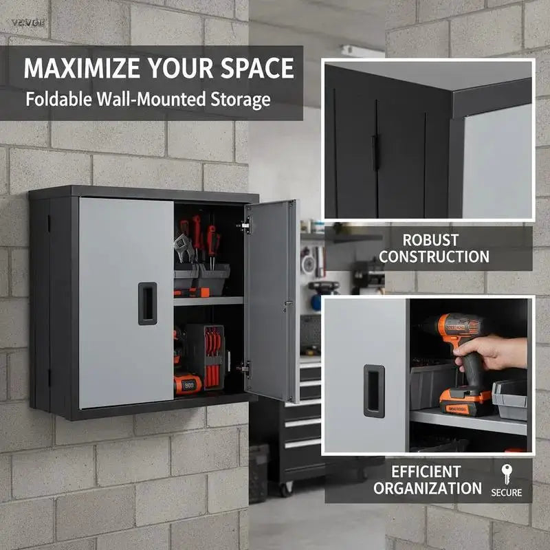 Foldable Wall Cabinet, Metal Garage Locker Mounted 26" Small Tool Chest 240 LBS Loading Capacity Adjustable Shelf Magnetic Door File for Warehouse Office Home Black from PriceLows™